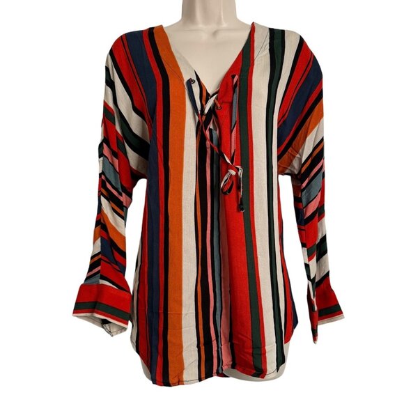 Olivaceous V Neck Tie Size Large Rayon Blouse Striped Anthropologie Blouse Top - Picture 1 of 9